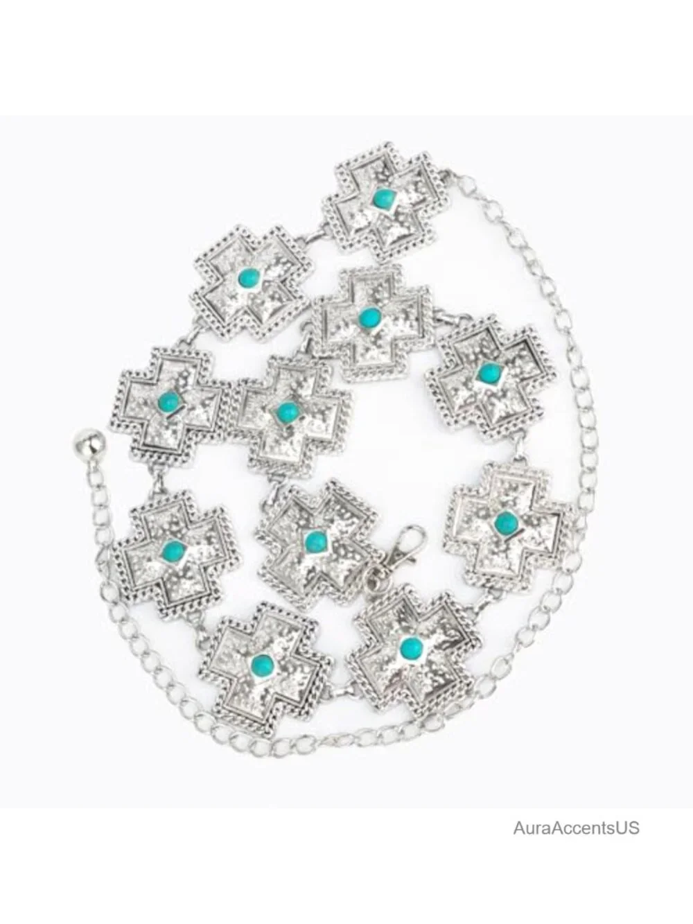 Zinc Alloy Metal Waist Chain Belt with Turquoise Stone Punk Concho Western